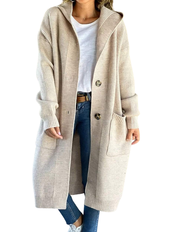 Lina- Beiger gestrickter Damenmantel mit Kapuze