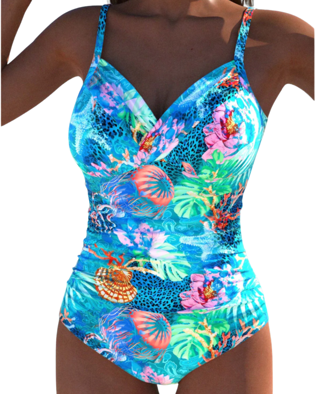 Sophie I Luxuriöser cyanblauer Badeanzug mit Cut-outs und Meeresmuster