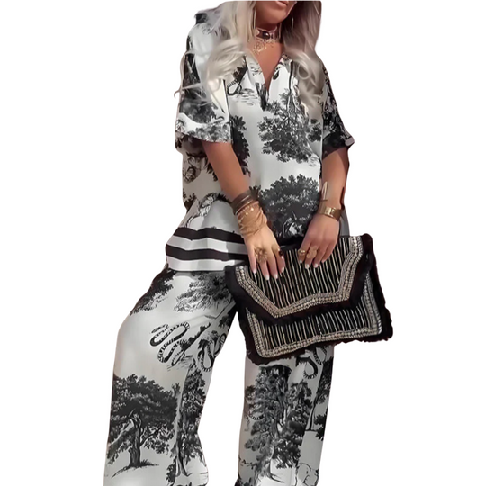 Jennifer | Bedrucktes Oberteil mit V-Ausschnitt + Lange Hose