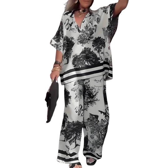 Jennifer | Bedrucktes Oberteil mit V-Ausschnitt + Lange Hose