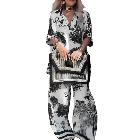 Jennifer | Bedrucktes Oberteil mit V-Ausschnitt + Lange Hose