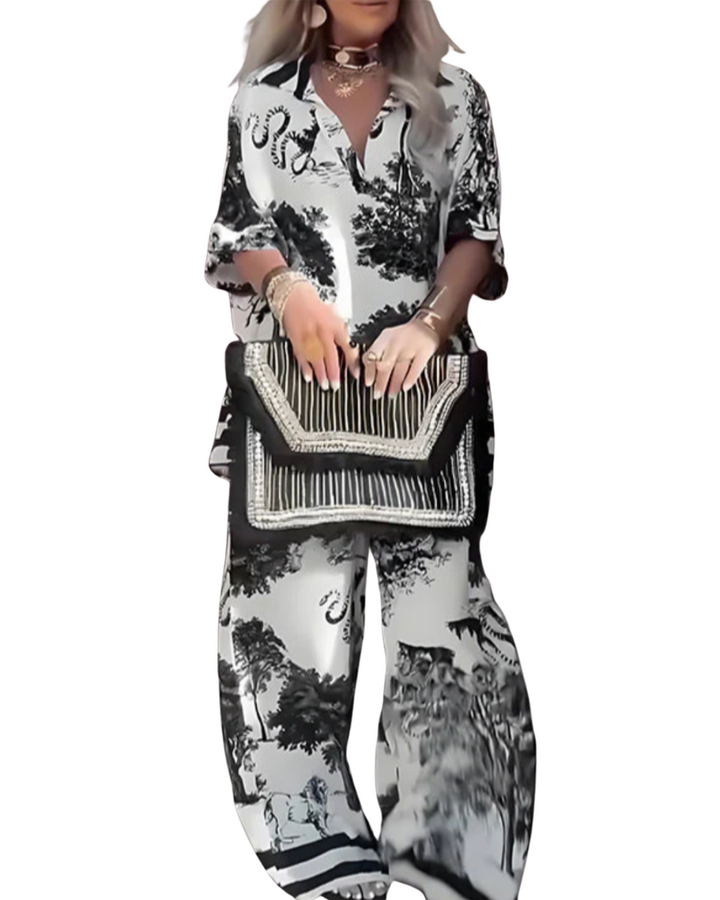 Jennifer | Bedrucktes Oberteil mit V-Ausschnitt + Lange Hose