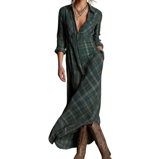 Jole™ - Langes Kleid mit grün kariertem Revers