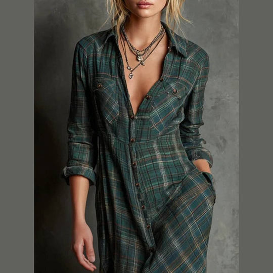 Jole™ - Langes Kleid mit grün kariertem Revers