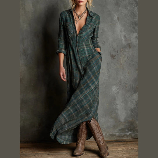 Jole™ - Langes Kleid mit grün kariertem Revers