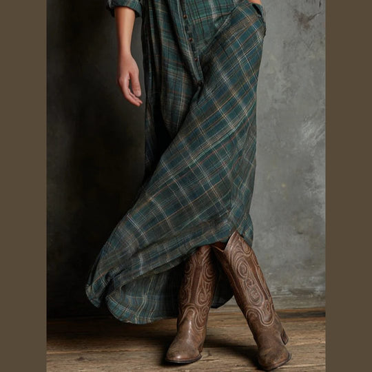 Jole™ - Langes Kleid mit grün kariertem Revers